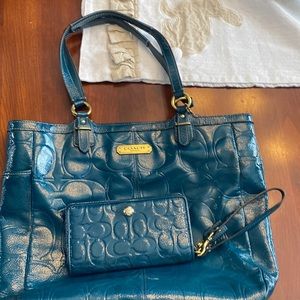Vintage Coach Bag with Matching Wristlet-  Deep Teal Green Color